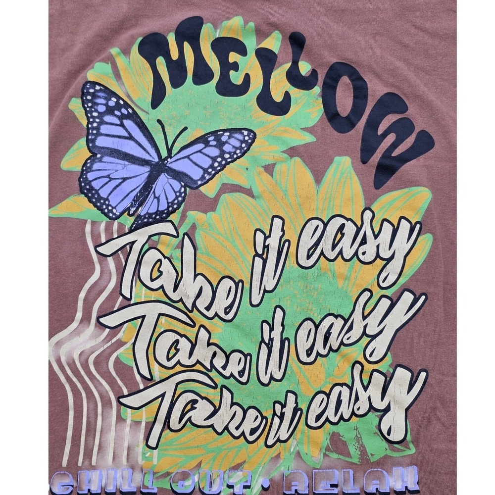 Skater Streetwear T-Shirt Mens Large Brown‎ Mellow Butterfly Graphic Oversized